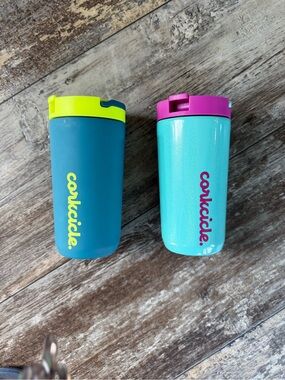 2 Corkcicle Kids Travel Mugs Tumblers Set - Sparkle mermaid and electric tide.